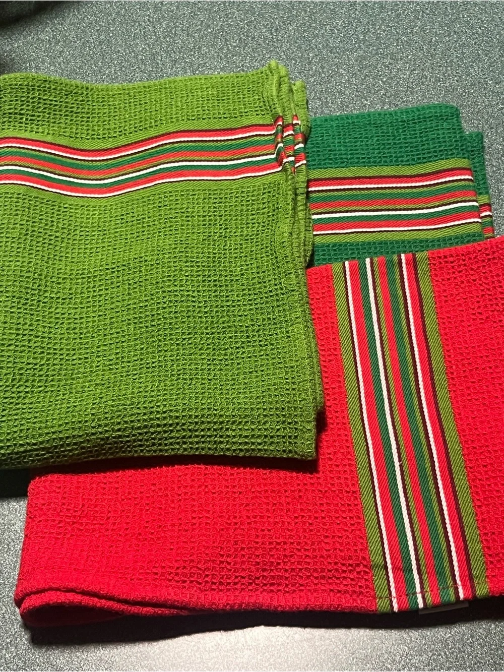 Bed Bath & Beyond Green Waffle-Weave Towel with Red and White Stripe Accents